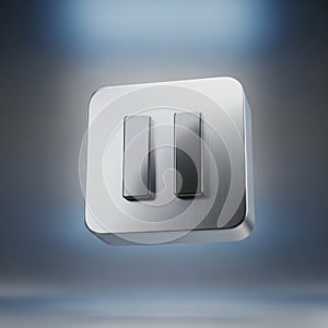 A three-dimensional, floating pause button with metallic texture. The button consists