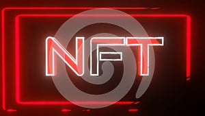 three-dimensional glowing red nft inscription on a dark background. crypto art concept. 3d render