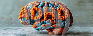 A three-dimensional human brain model with the orange letters ADHD representing Attention Deficit Hyperactivity Disorder, on