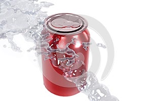 Three-dimensional illustration refreshing and transparent cool water splash to wetting soda can