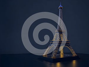 Three-Dimensional Image of the Eiffel Tower on a Table with Neon Effects.
