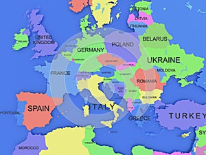 Three-dimensional map of Europe on blue isolated background