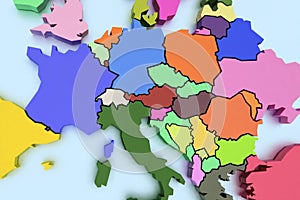 Three-dimensional map of Europe on blue isolated background