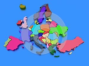 Three-dimensional map of Europe on blue isolated background