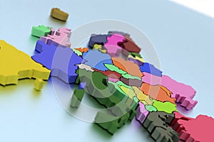 Three-dimensional map of Europe in bright colors isolated background
