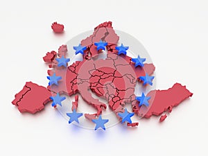 Three-dimensional map of Europe in red isolated on blue background