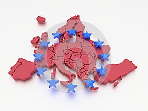 Three-dimensional map of Europe in red isolated on blue background