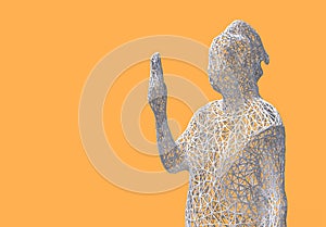 Three-dimensional mesh figure of a woman holding a phone in hand on yellow background. 3d illustration.