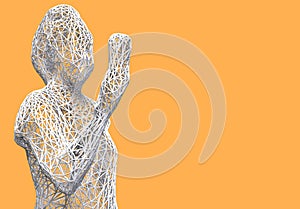 Three-dimensional mesh figure of a woman holding a phone in hand on yellow background. 3d illustration.