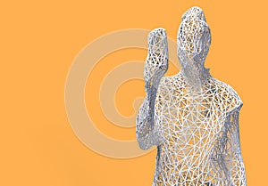 Three-dimensional mesh figure of a woman holding a phone in hand on yellow background. 3d illustration.