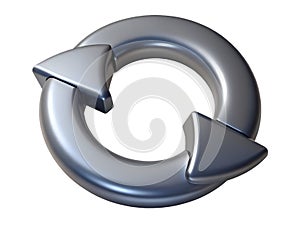 Three dimensional metallic recycling symbol with arrows in a continuous loop