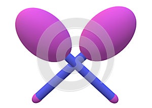 A three dimensional model image of a pair of identical magenta purple shaker maracas with indigo blue handle grips white backdrop photo