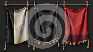 Three dimensional modern mockup of vinyl banners hanging from ropes, with black and red fabric canvas. Silver and gold