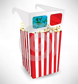 Three dimensional movie glasses and popcorn