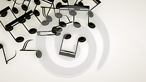 Three-dimensional notes are scattered on a white background. musical concept. 3d render