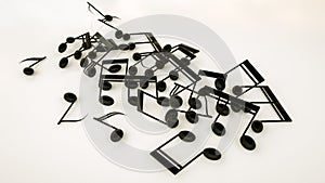 three-dimensional notes are scattered on a white background. musical concept. 3d render