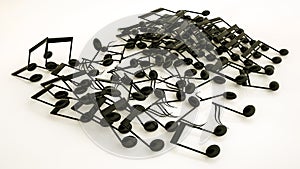 three-dimensional notes are scattered on a white background. musical concept. 3d render