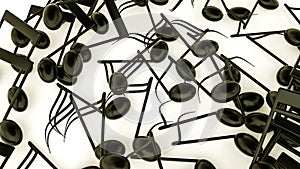 Three-dimensional notes are scattered on a white background. musical concept. 3d render illustration