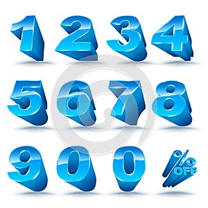 Three-dimensional number set 0-9 with percent off.