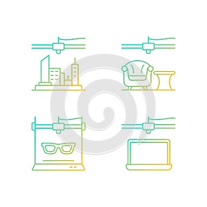Three dimensional objects production gradient linear vector icons set