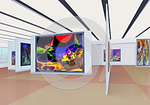 Three-dimensional panorama of the hall of the art gallery with m