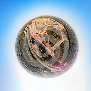 A three dimensional panoramic aerial view of the race track in Finland, in a mini planet panorama style