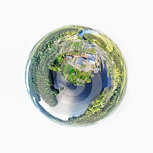 A three dimensional panoramic view of the Verla in Kouvola, Finland in a mini planet panorama style photo