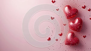 Three-dimensional pink hearts on a romantic pink background. Free space.