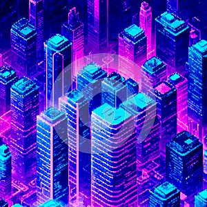 Three-dimensional projection pixel 8-bit art view of the city. 3D Illustration