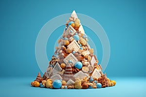 Three-dimensional pyramid with sweets of different kinds, candies and lollipops, cookies and chocolate, dragees and