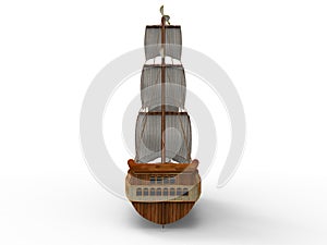 Three-dimensional raster illustration of an ancient sailing ship on a white background with soft shadows. 3d rendering