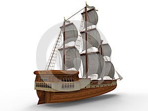 Three-dimensional raster illustration of an ancient sailing ship on a white background with soft shadows. 3d rendering