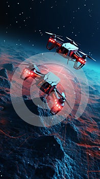 Drone Hovering over a Binary Code Landscape - A Three-Dimensional Render for Tech Concepts