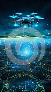 Drone Hovering over a Binary Code Landscape - A Three-Dimensional Render for Tech Concepts