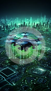 Drone Hovering over a Binary Code Landscape - A Three-Dimensional Render for Tech Concepts