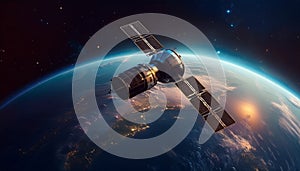 Geostationary orbit satellite above the Earth, 3D render photo