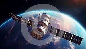 Geostationary orbit satellite above the Earth, 3D render photo