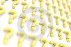 Three dimensional rendered question marks on a background of white signs. 3D Rendering image