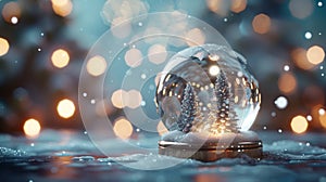 Three-dimensional rendering of an abstract winter Christmas background with an empty crystal snow globe.