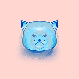 Three-dimensional rendering of a blue sad, cute cartoon-ish cat head on a pink background