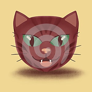 Three-dimensional rendering of a brown cute cartoon-ish cat head on a beige background