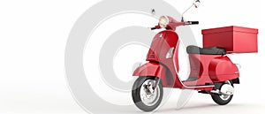 Three-dimensional rendering of a delivery scooter with a red box set against a bright white background. Food service