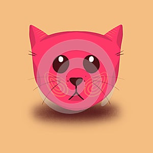 Three-dimensional rendering of a pink sad cartoon-ish cat head on an oranbackground