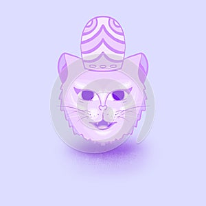 Three-dimensional rendering of a purple cute cartoon-ish cat head with a hat