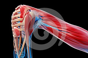 Three dimensional representation emphasizing inflammation of joints, as well interaction of bones, muscles, tendons