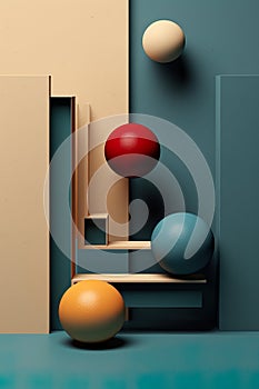 three-dimensional shapes rendered in complementary colors, creating a striking visual contrast.