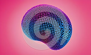 Three-dimensional sphere with blue and purple dots set on vibrant pink background. Connectivity, network structures, and