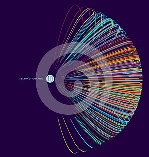 Three-dimensional sphere composed of multicolored curves, abstract graphics.