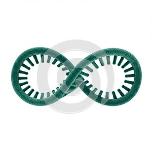 A three-dimensional, teal-colored structure resembling a MÃ¶bius strip forms an infinity photo