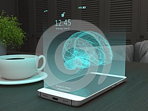 A three-dimensional virtual human brain is projected by the screen of a smartphone as a hologram. Future technologies. Modern